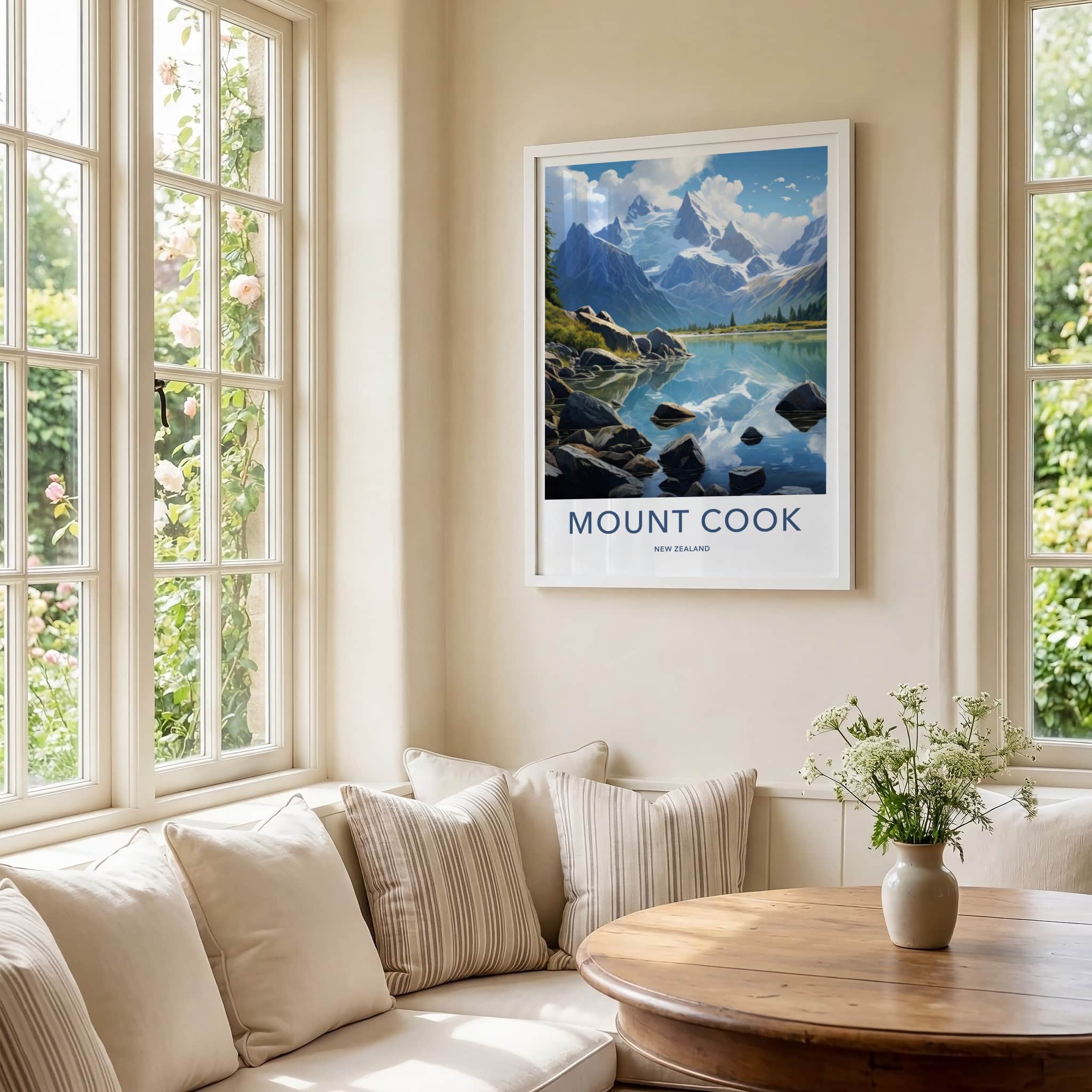 Mount Cook Poster - New Zealand Travel Art - Mountain Lake Reflection Home Decor