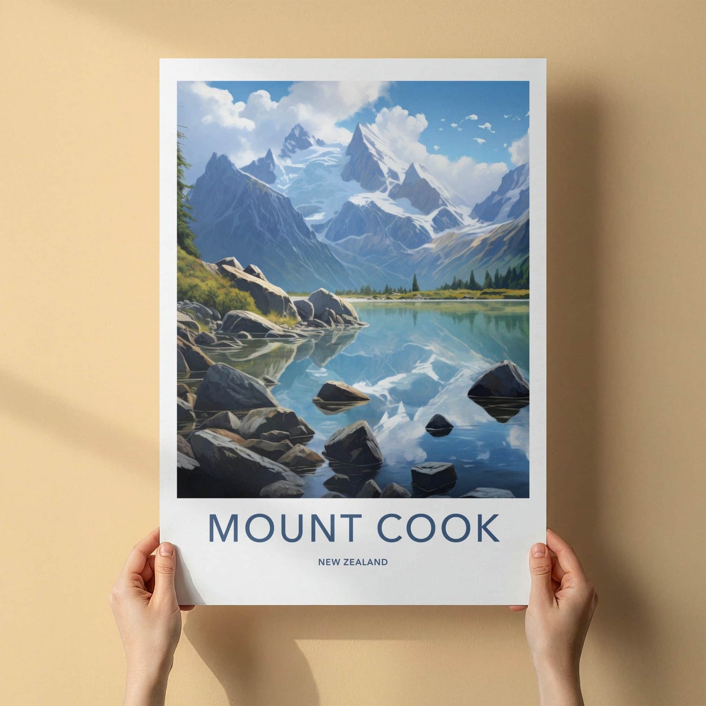 Mount Cook Poster - New Zealand Travel Art - Mountain Lake Reflection Home Decor