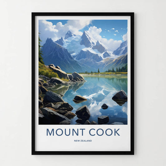 Mount Cook Poster - New Zealand Travel Art - Mountain Lake Reflection Home Decor