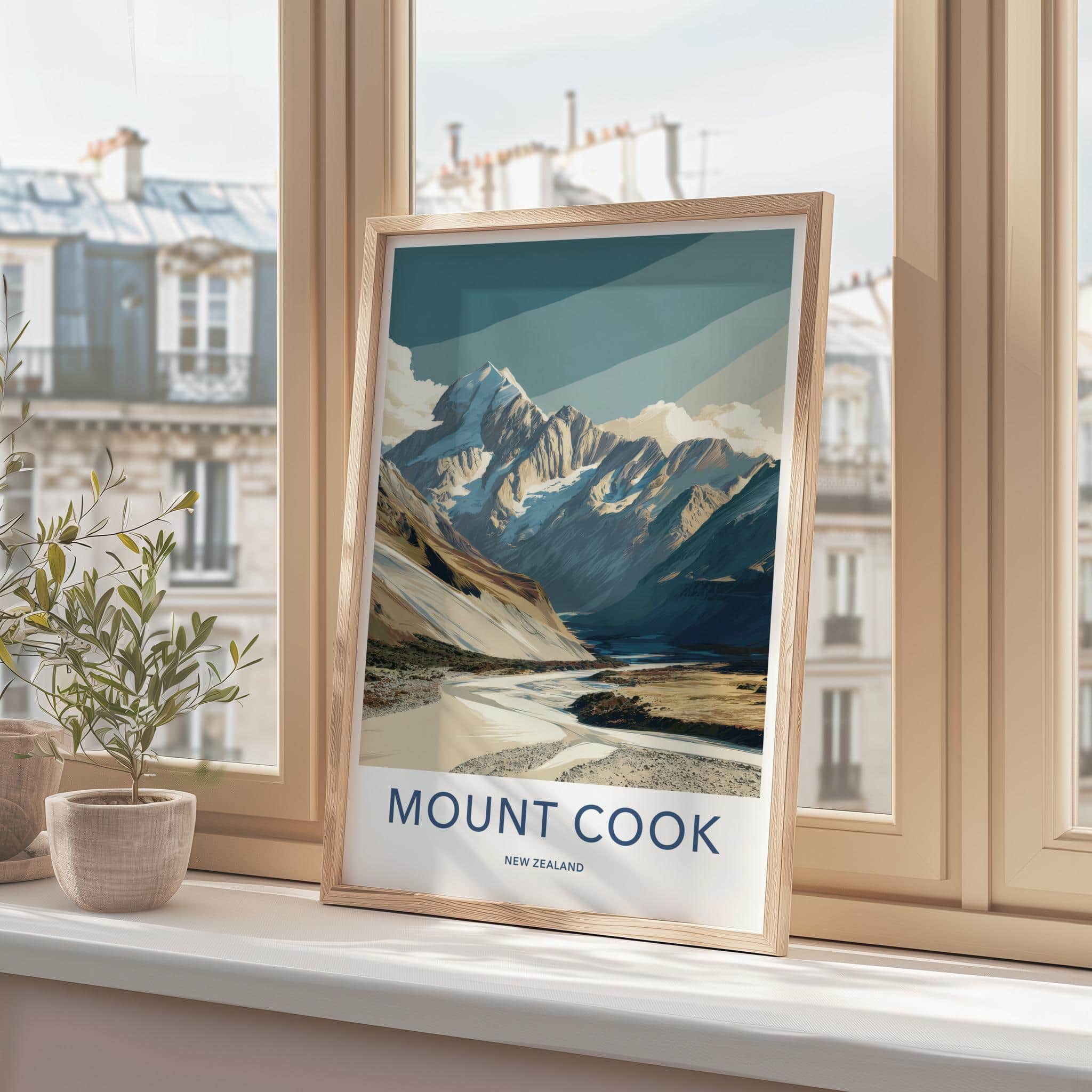 Mount Cook Poster - New Zealand Travel Art - Snowy Mountain River Home Decor
