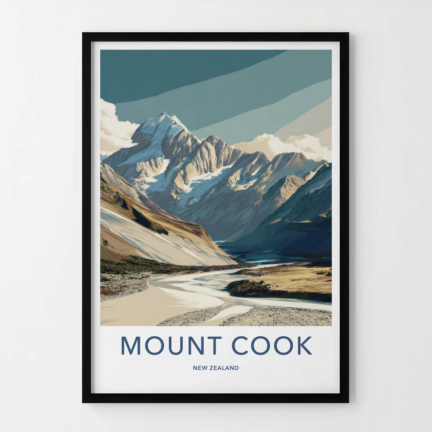 Mount Cook Poster - New Zealand Travel Art - Snowy Mountain River Home Decor