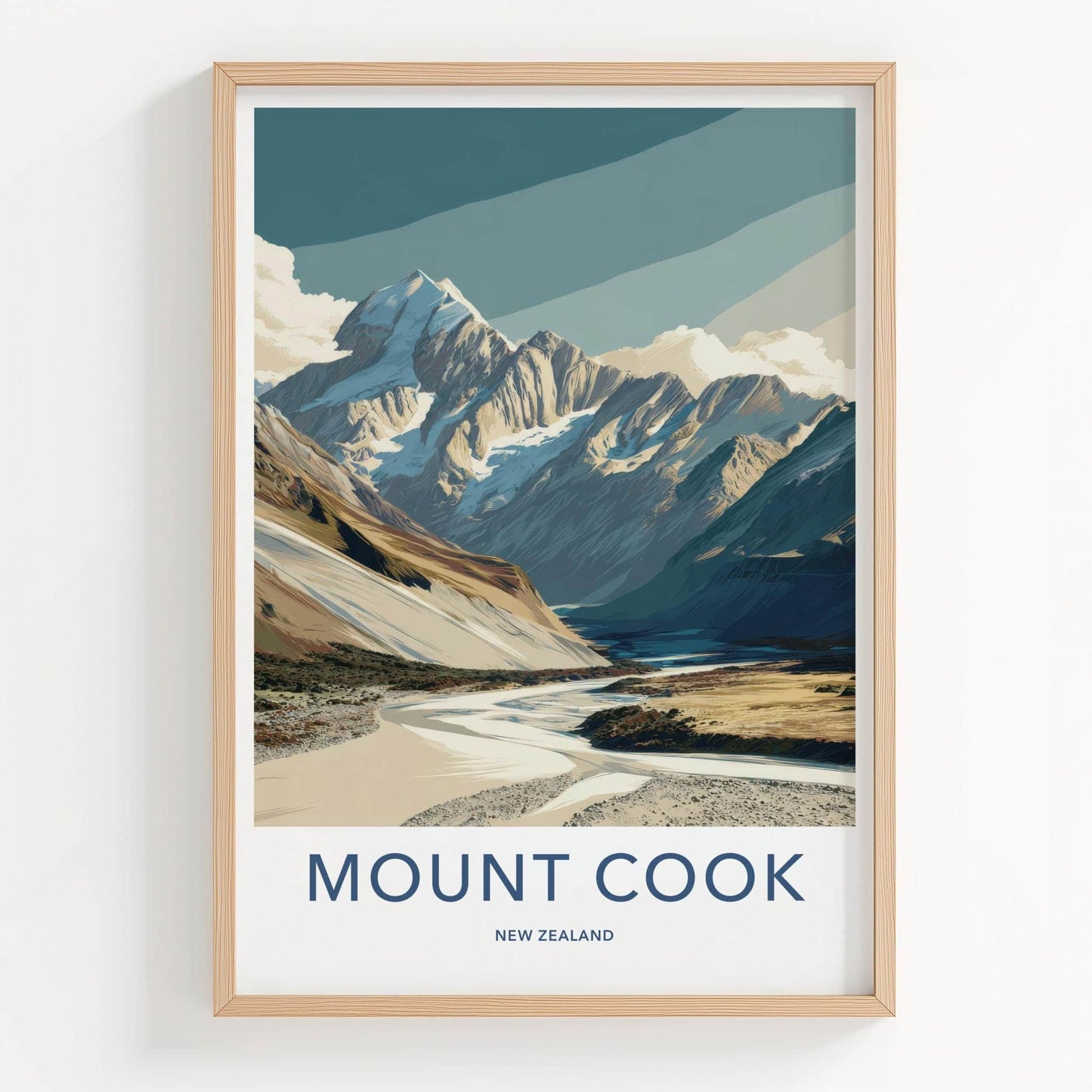 Mount Cook Poster - New Zealand Travel Art - Snowy Mountain River Home Decor