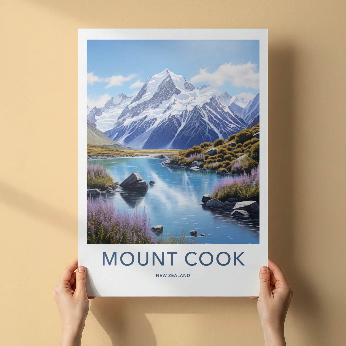 Mount Cook Poster - New Zealand Travel Art - Snowy Peak Lake Wall Decor