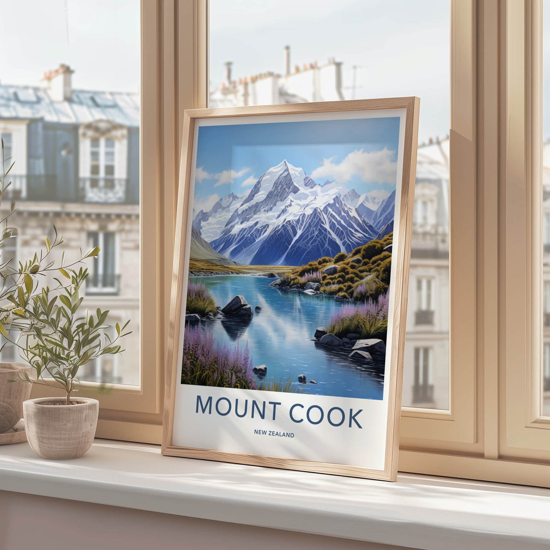 Mount Cook Poster - New Zealand Travel Art - Snowy Peak Lake Wall Decor