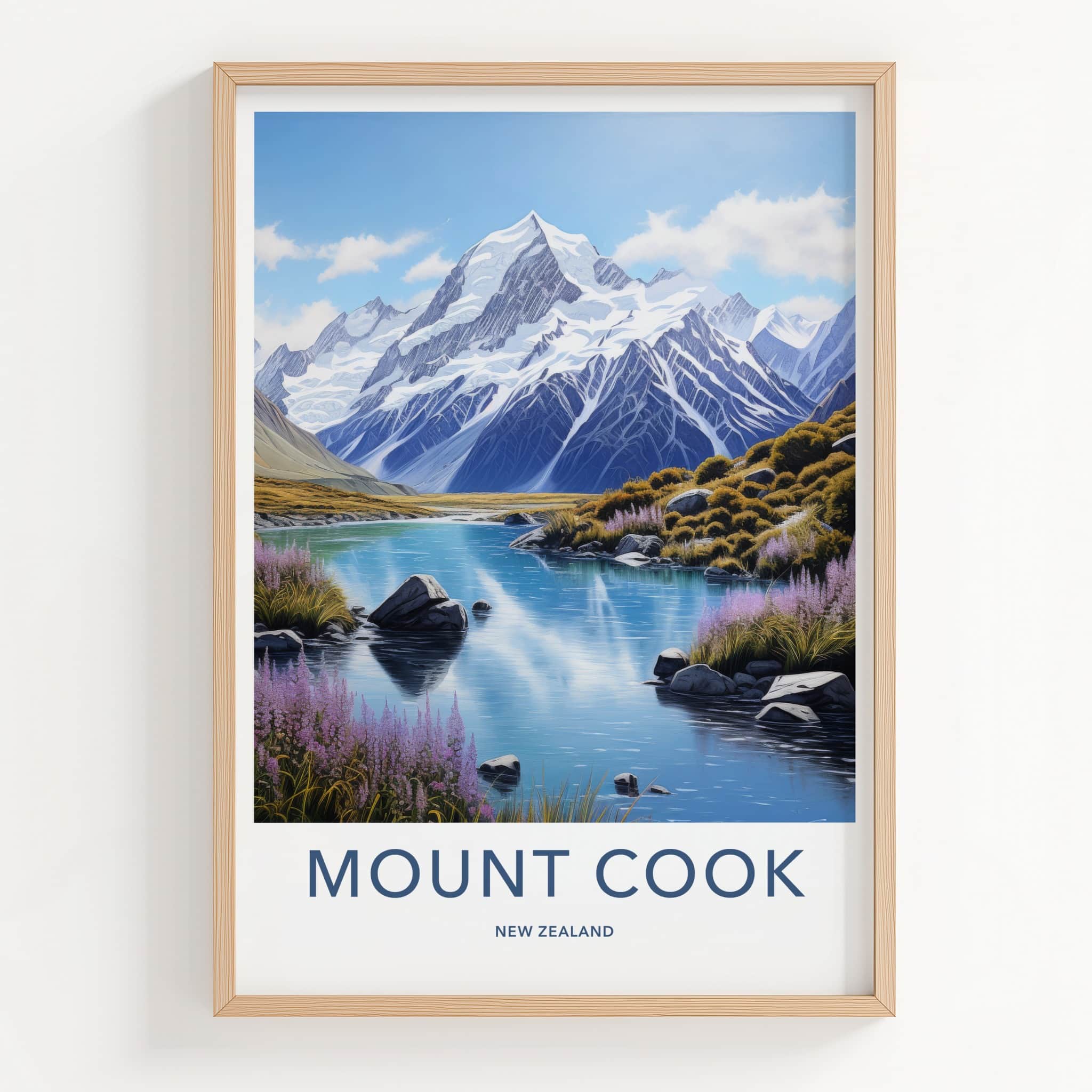 Mount Cook Poster - New Zealand Travel Art - Snowy Peak Lake Wall Decor