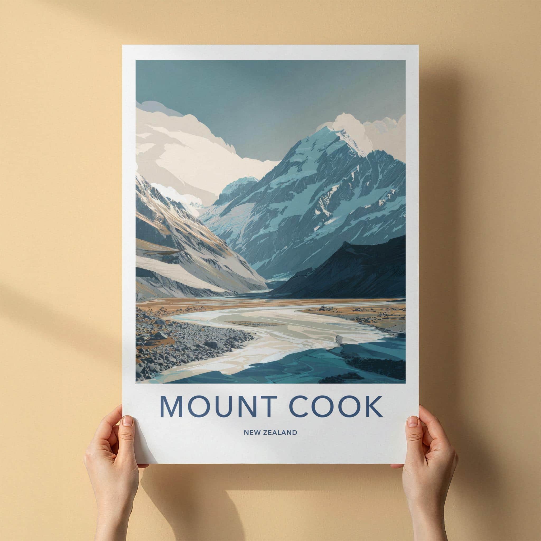 Mount Cook Poster - New Zealand Wall Art - Glacial River Valley Home Decor