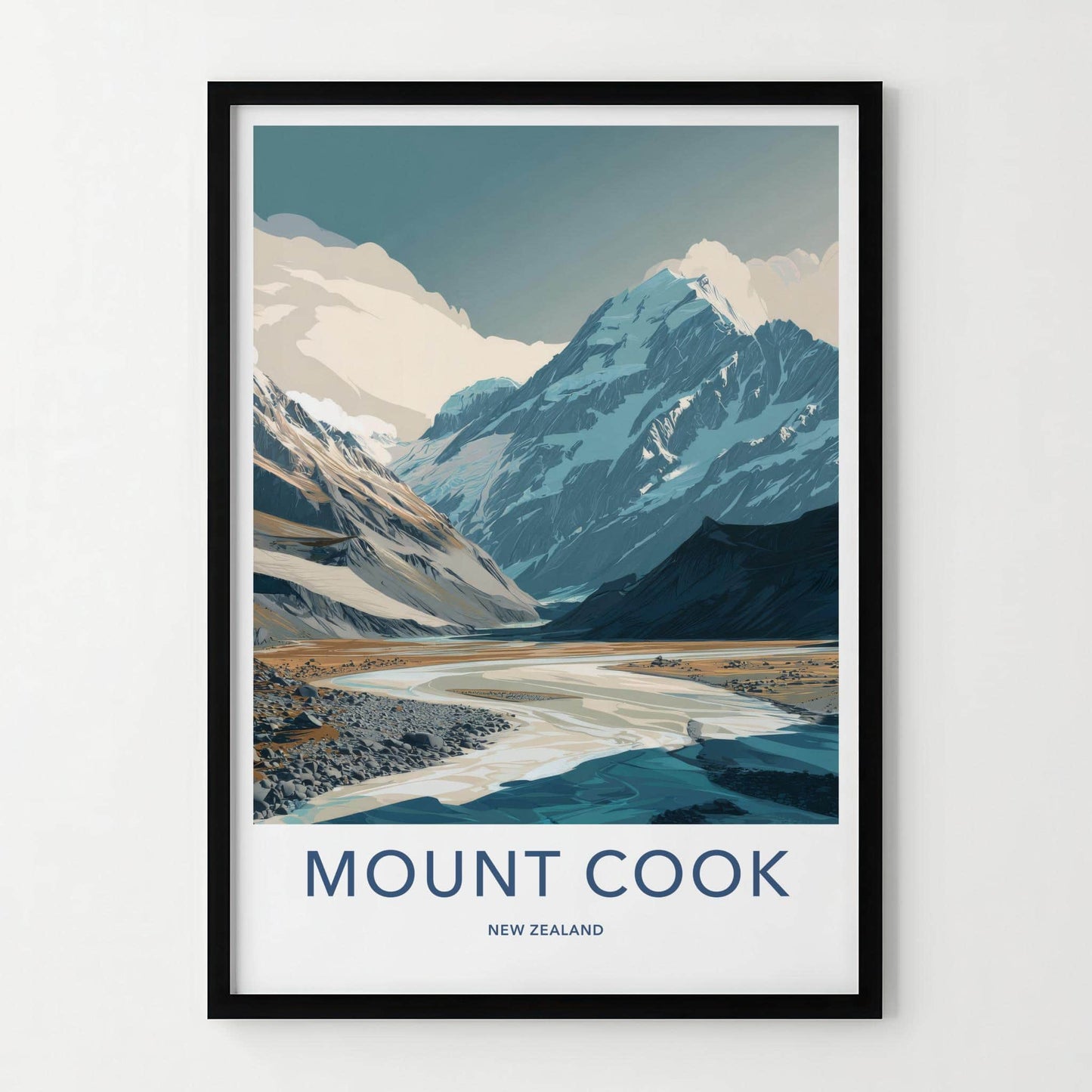Mount Cook Poster - New Zealand Wall Art - Glacial River Valley Home Decor