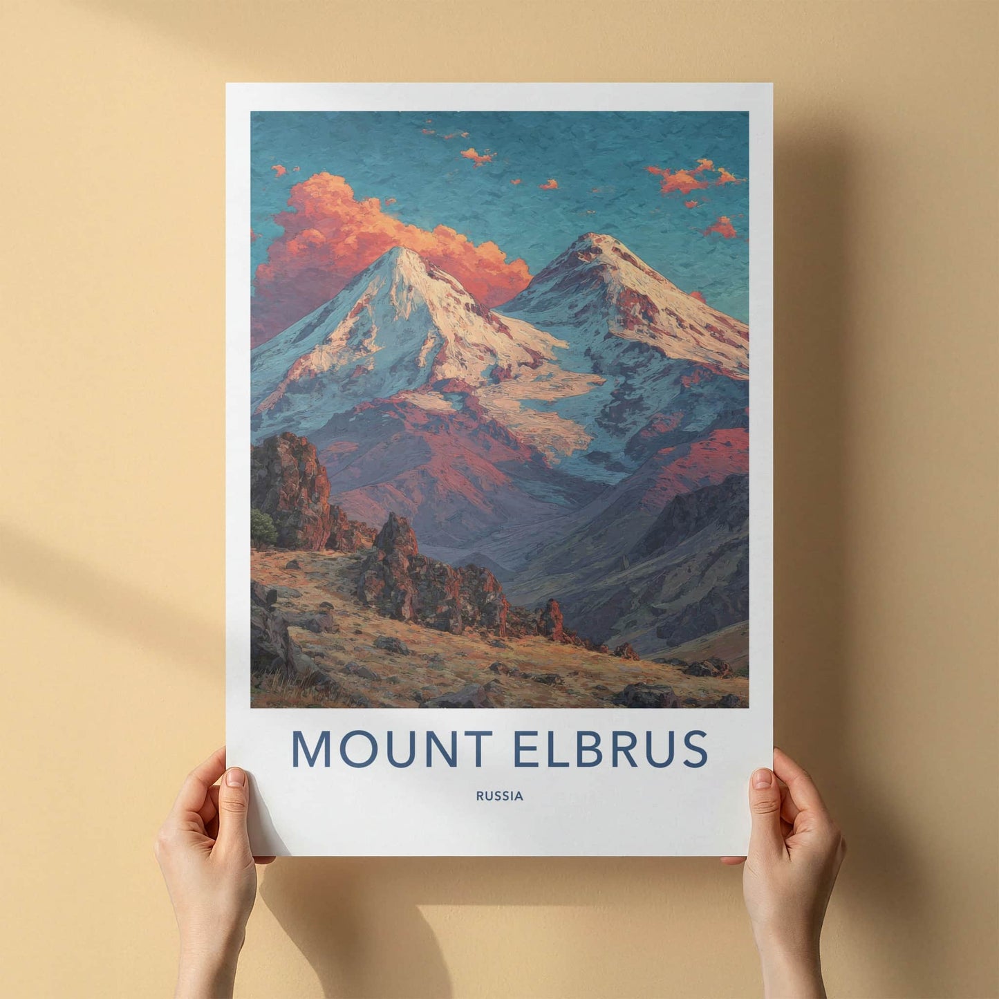 Mount Elbrus Poster - Russia Art Print - Snowy Peaks Clouds Home Decor