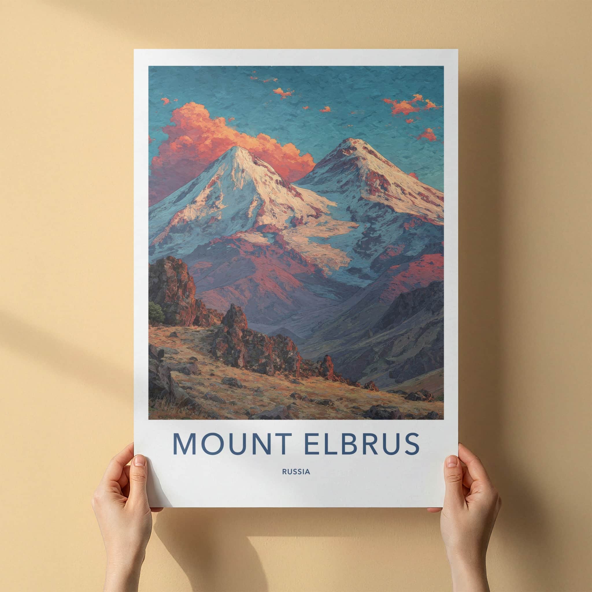 Mount Elbrus Poster - Russia Art Print - Snowy Peaks Clouds Home Decor