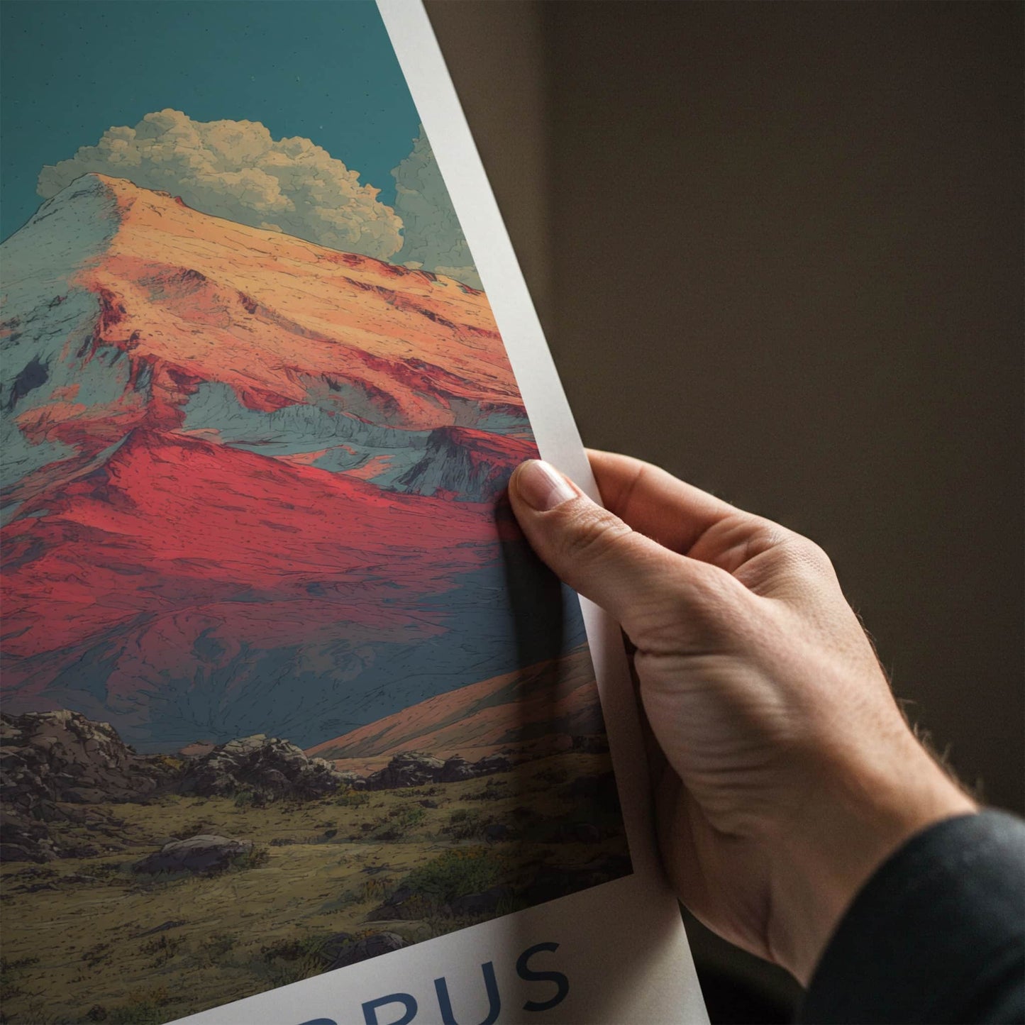 Mount Elbrus Poster - Russia Travel Art - Snowy Peaks Red Home Decor