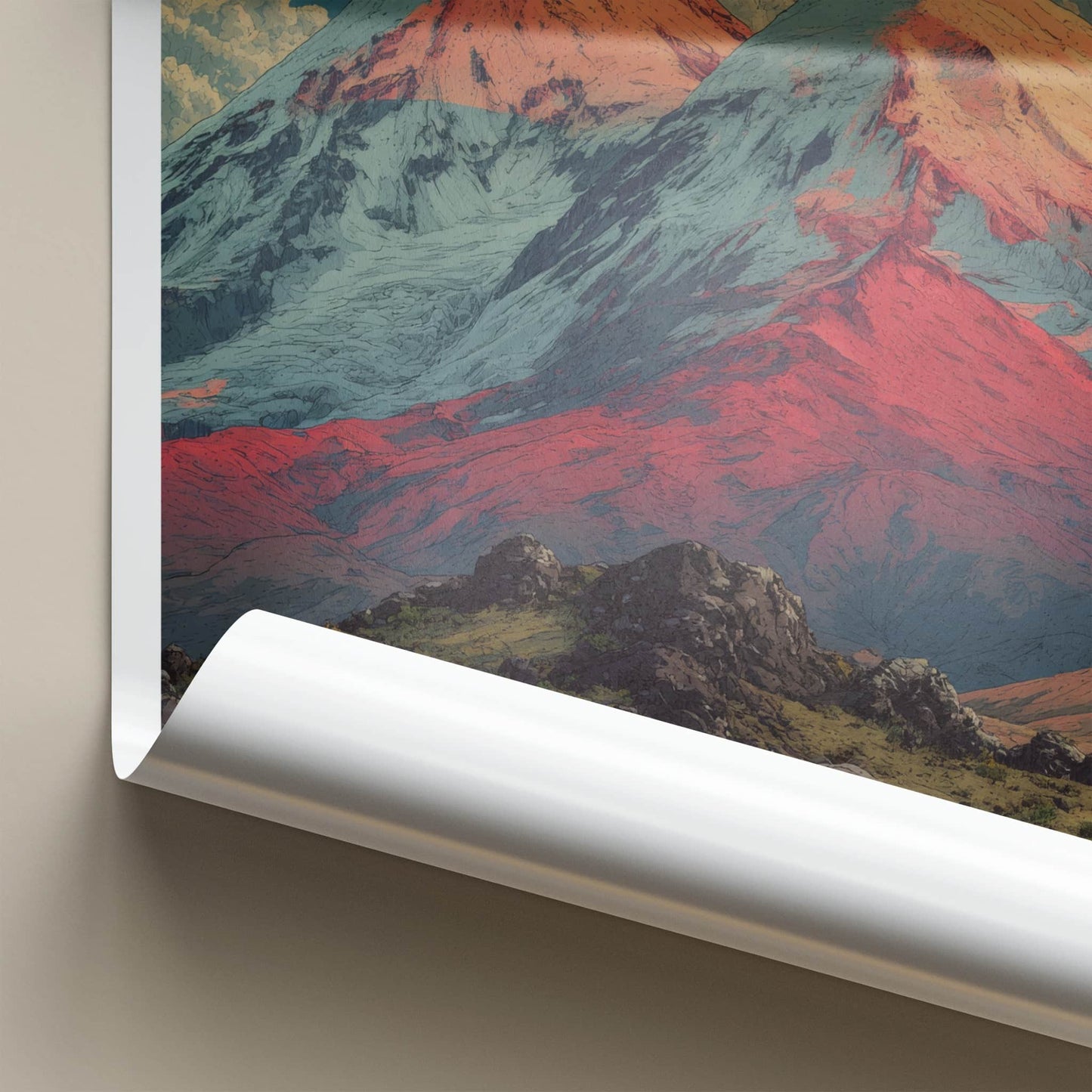 Mount Elbrus Poster - Russia Travel Art - Snowy Peaks Red Home Decor