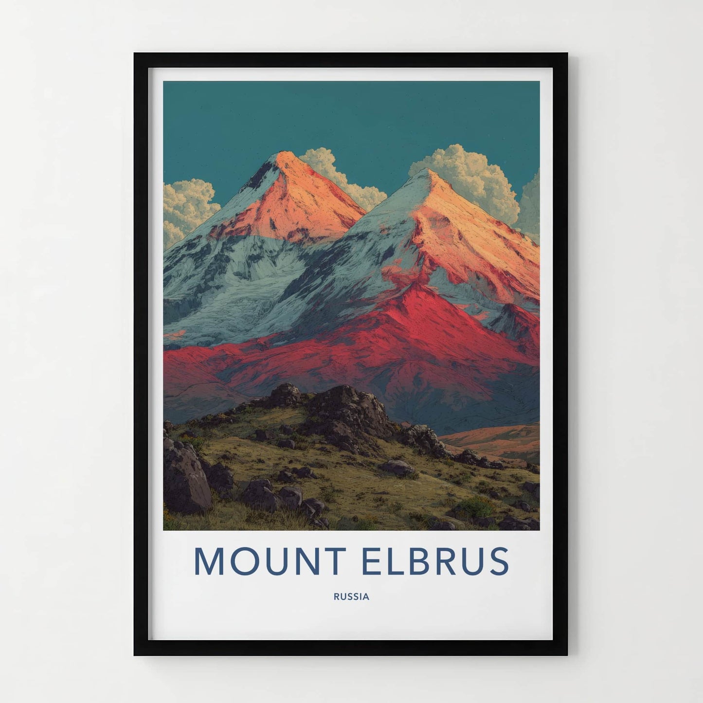 Mount Elbrus Poster - Russia Travel Art - Snowy Peaks Red Home Decor