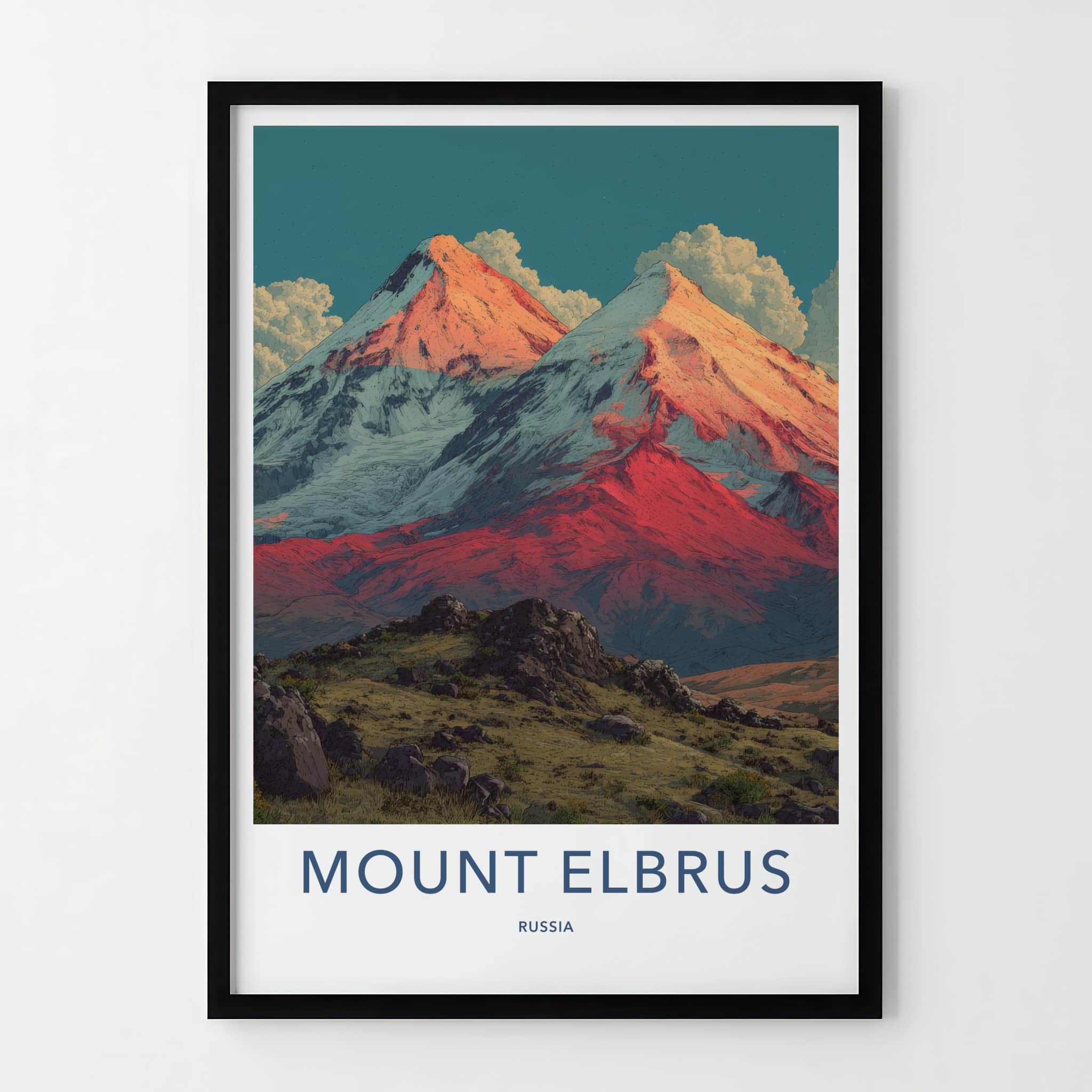 Mount Elbrus Poster - Russia Travel Art - Snowy Peaks Red Home Decor