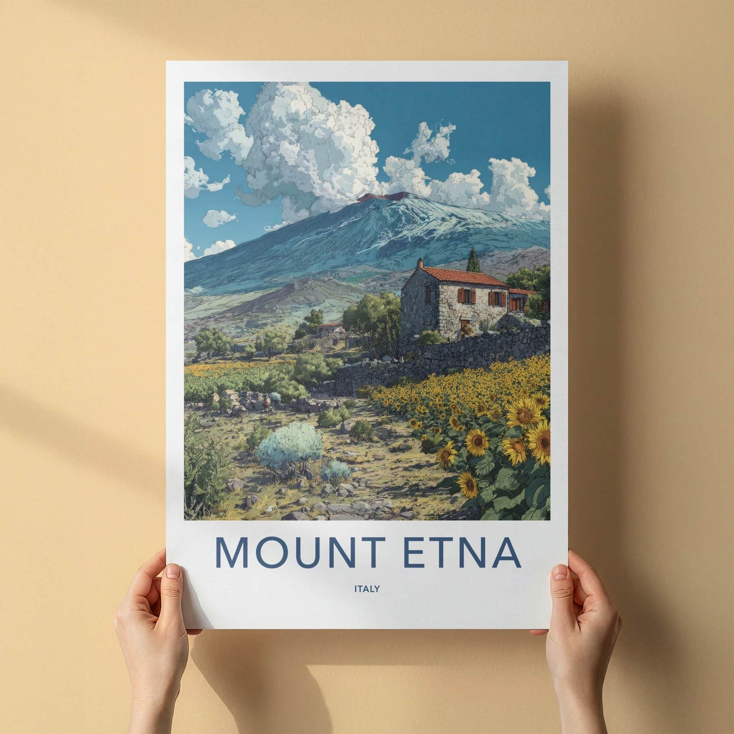 Mount Etna Poster - Italy Art Print - Stone House Sunflowers Home Decor