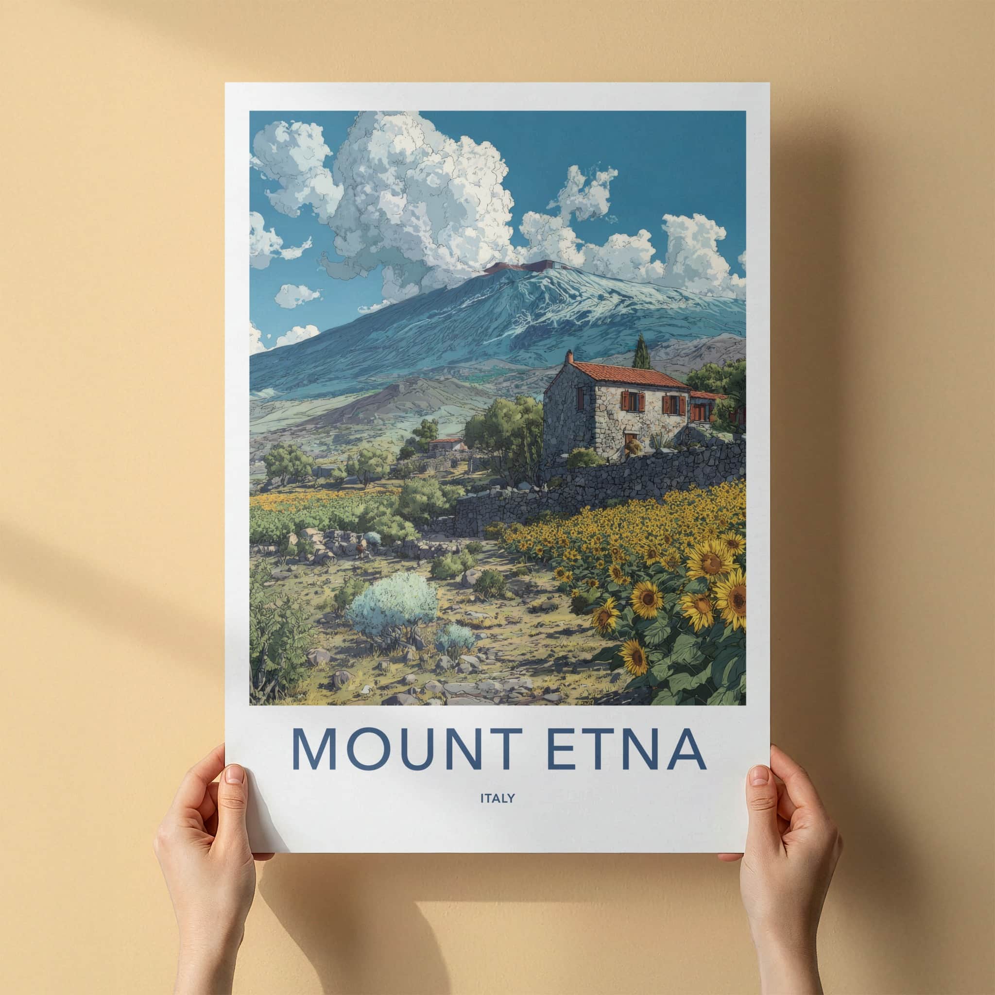 Mount Etna Poster - Italy Art Print - Stone House Sunflowers Home Decor