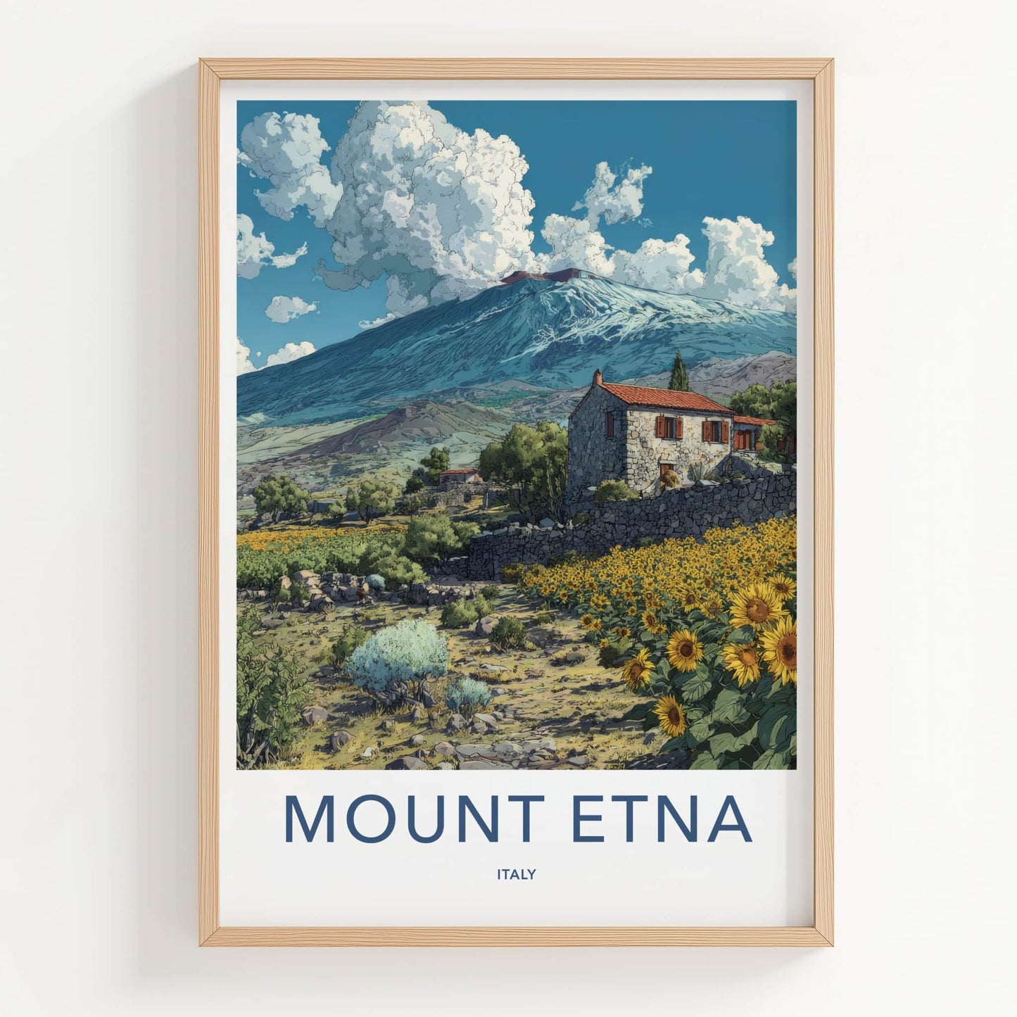 Mount Etna Poster - Italy Art Print - Stone House Sunflowers Home Decor