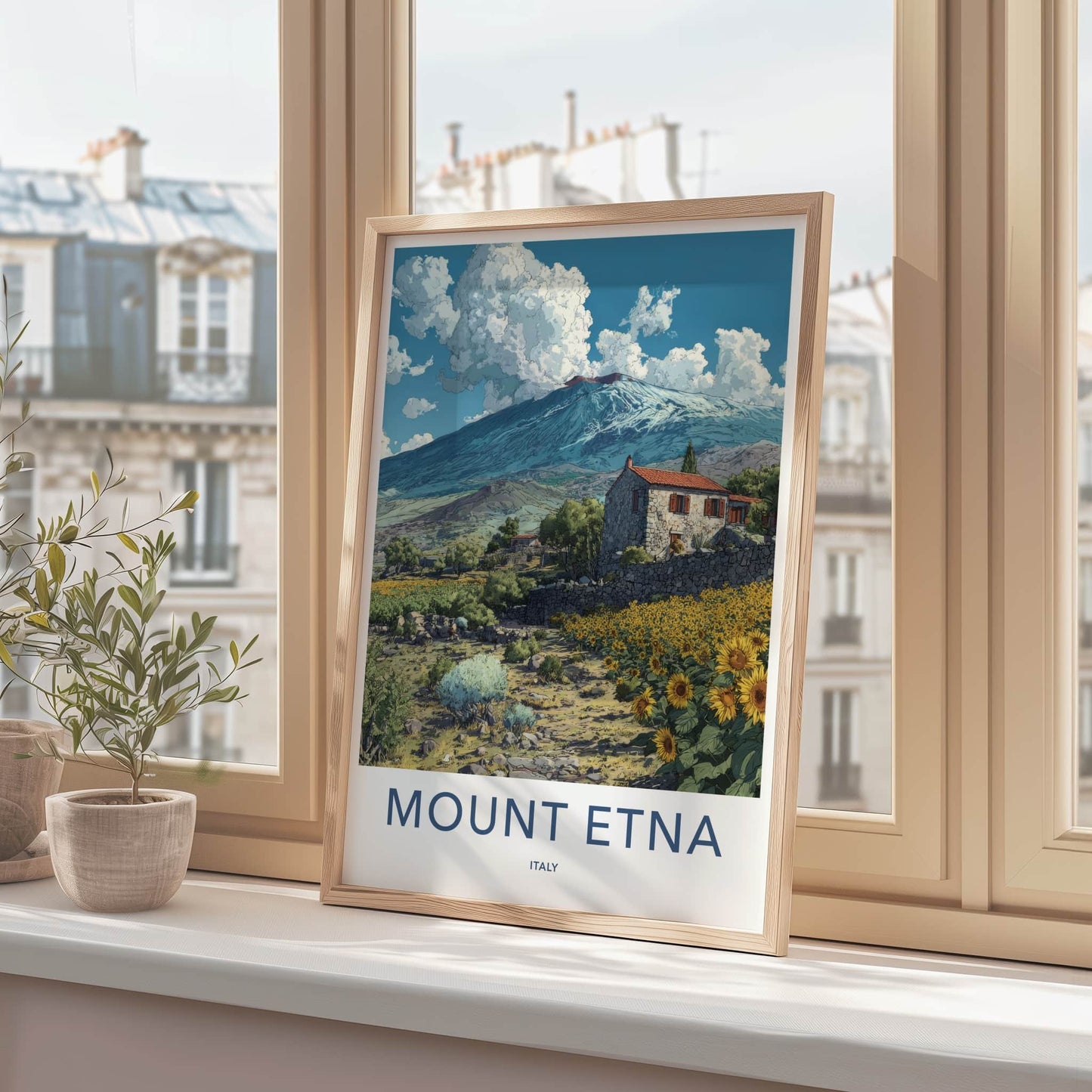 Mount Etna Poster - Italy Art Print - Stone House Sunflowers Home Decor