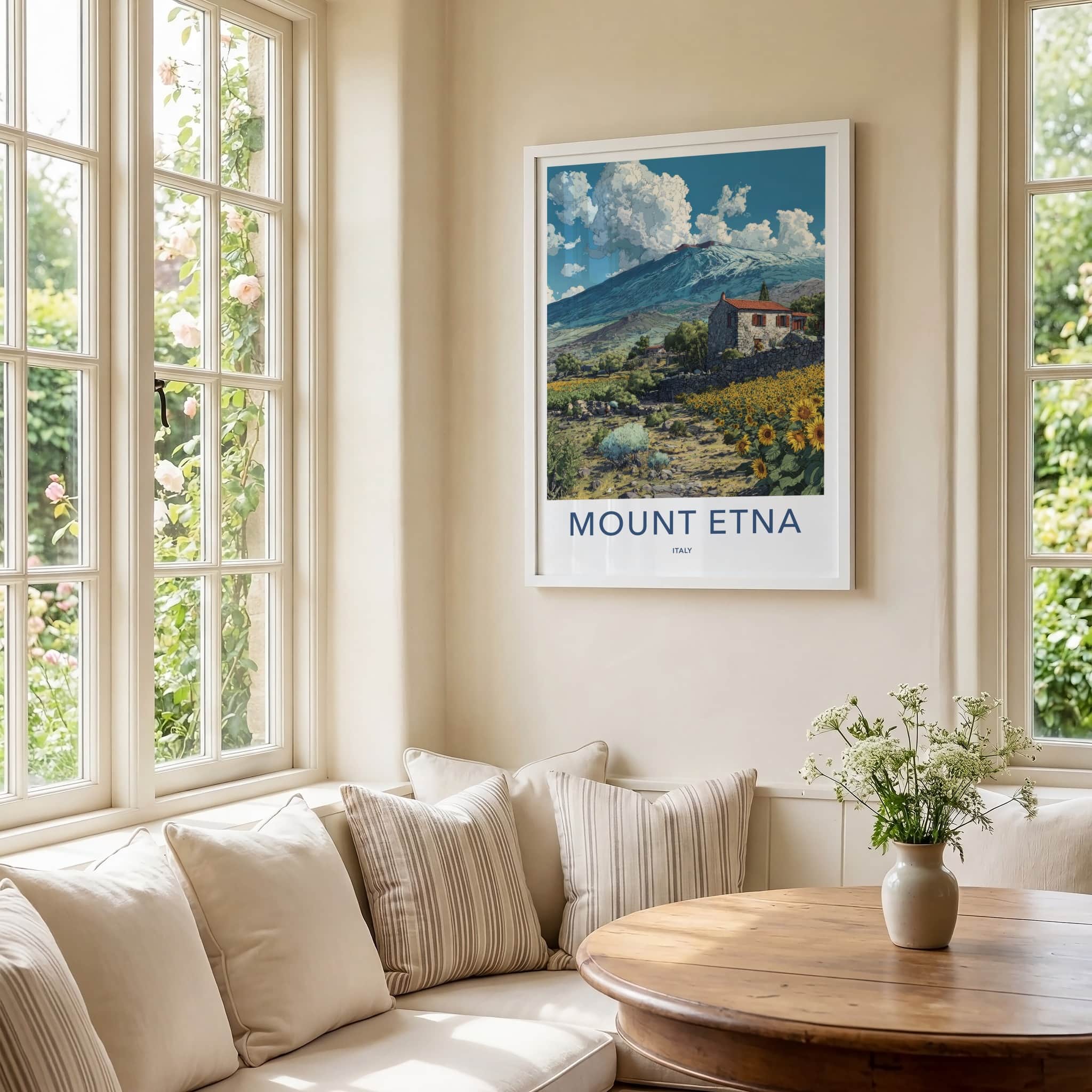 Mount Etna Poster - Italy Art Print - Stone House Sunflowers Home Decor