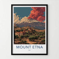 Mount Etna Poster - Italy Travel Art - Red Eruption Village Home Decor