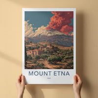 Mount Etna Poster - Italy Travel Art - Red Eruption Village Home Decor