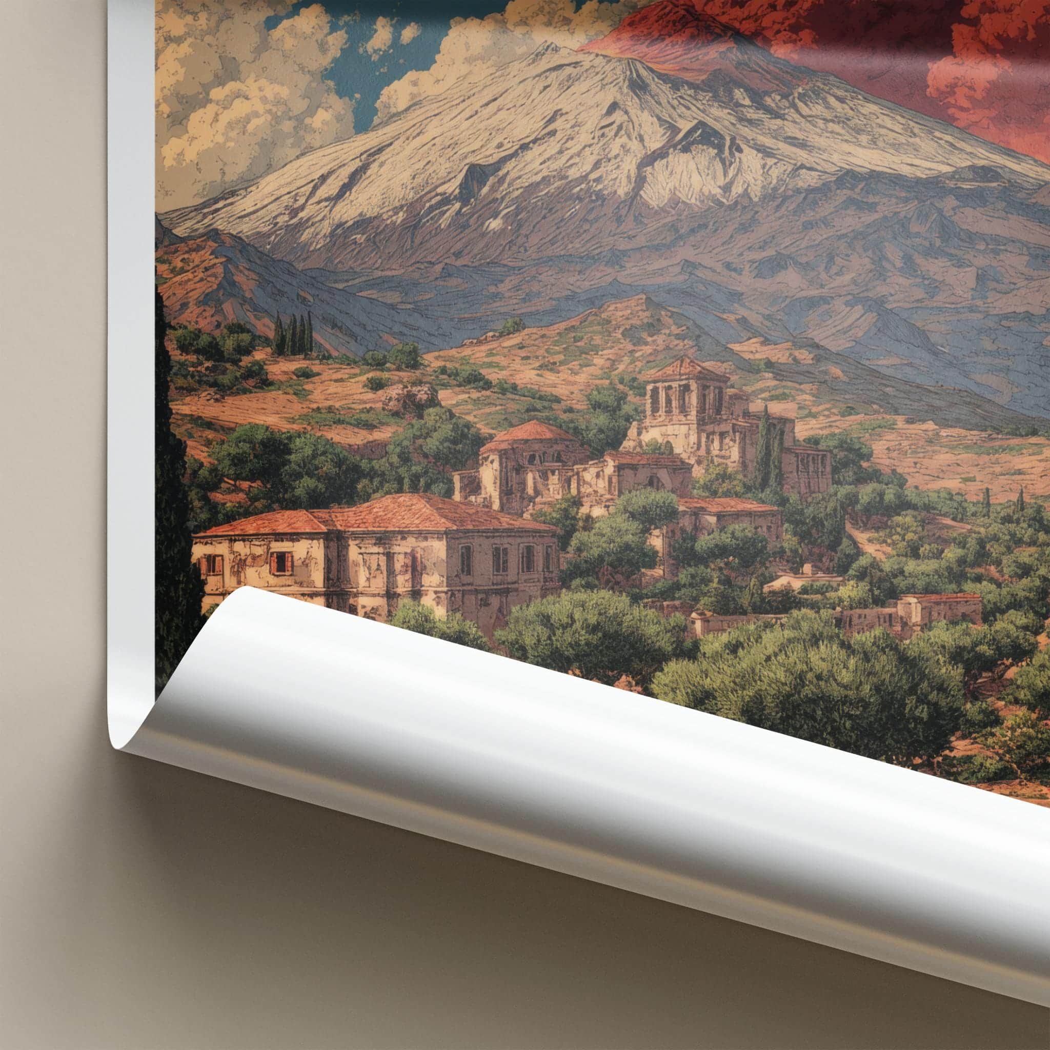 Mount Etna Poster - Italy Travel Art - Red Eruption Village Home Decor