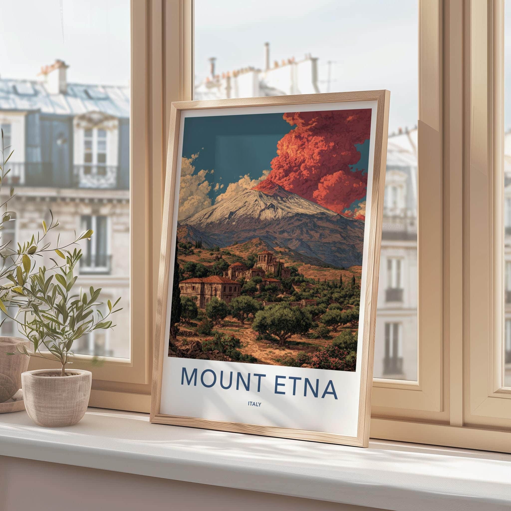 Mount Etna Poster - Italy Travel Art - Red Eruption Village Home Decor