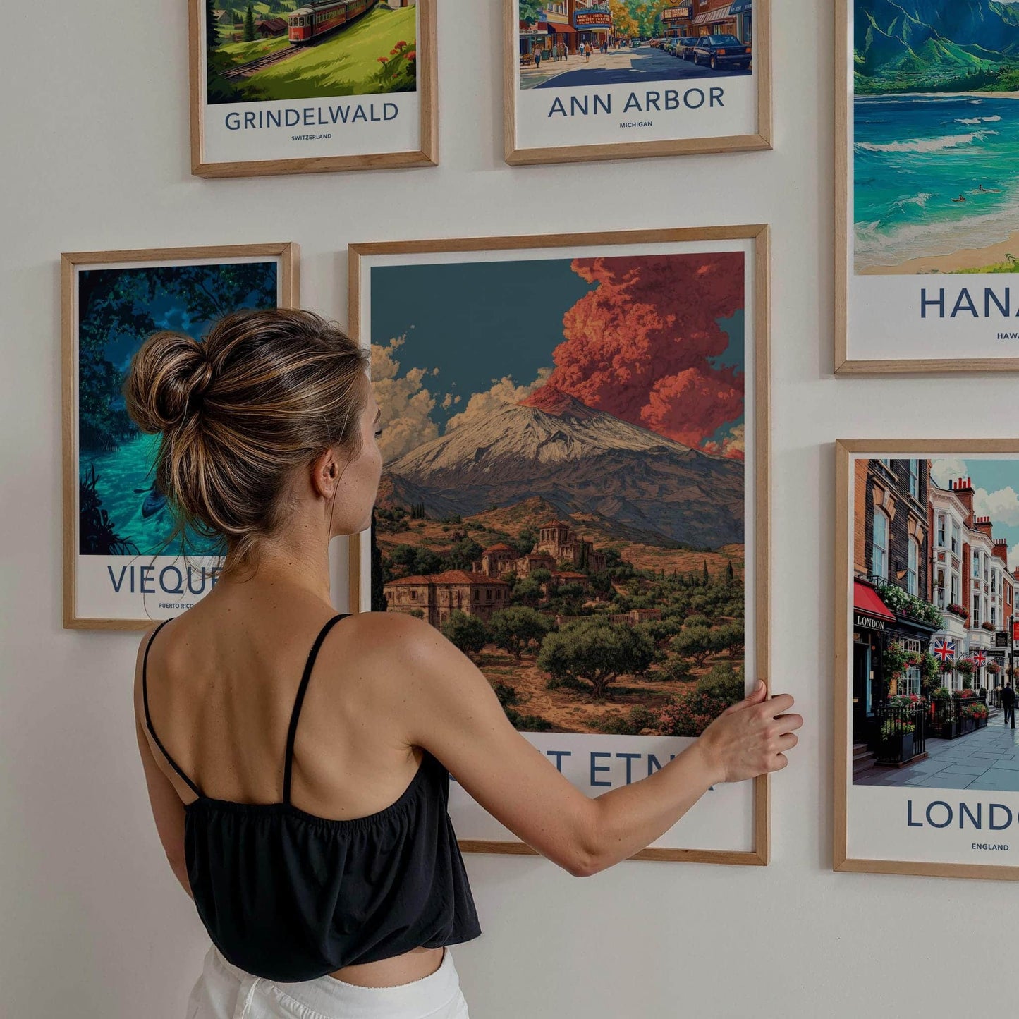 Mount Etna Poster - Italy Travel Art - Red Eruption Village Home Decor