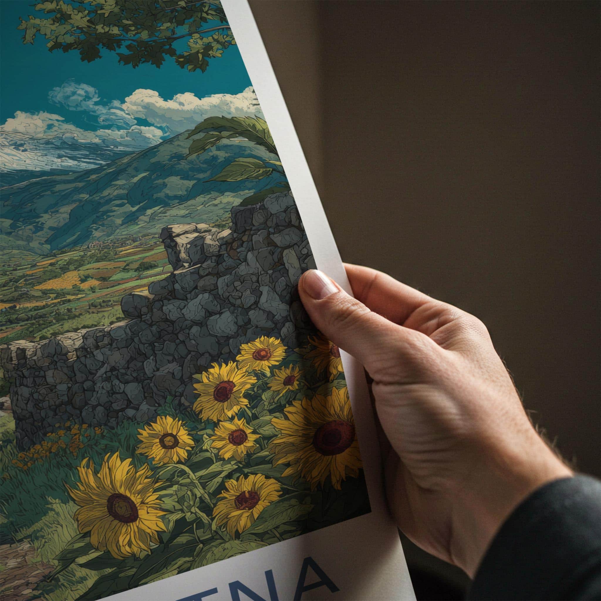 Mount Etna Poster - Italy Travel Art - Snowy Volcano Sunflowers Wall Decor