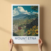 Mount Etna Poster - Italy Travel Art - Snowy Volcano Sunflowers Wall Decor