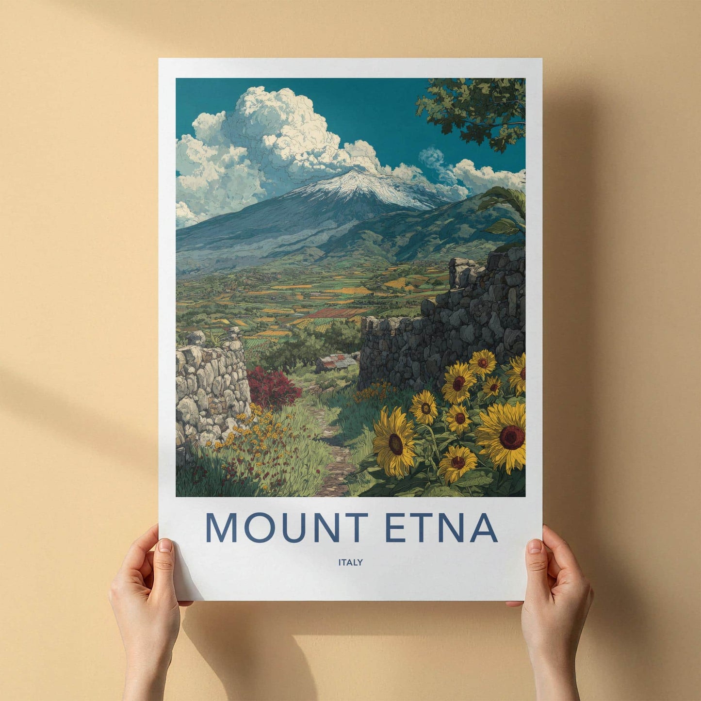 Mount Etna Poster - Italy Travel Art - Snowy Volcano Sunflowers Wall Decor
