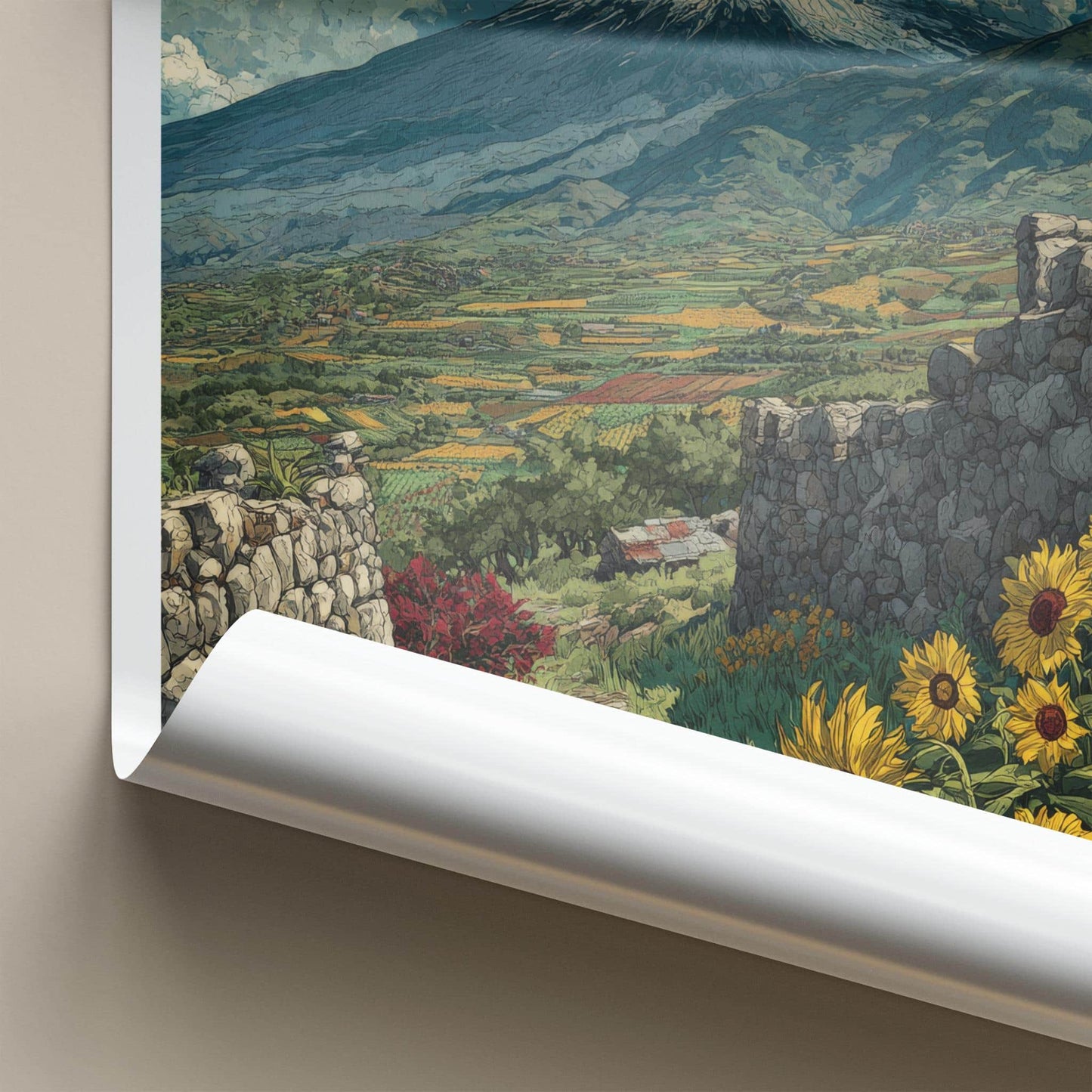 Mount Etna Poster - Italy Travel Art - Snowy Volcano Sunflowers Wall Decor
