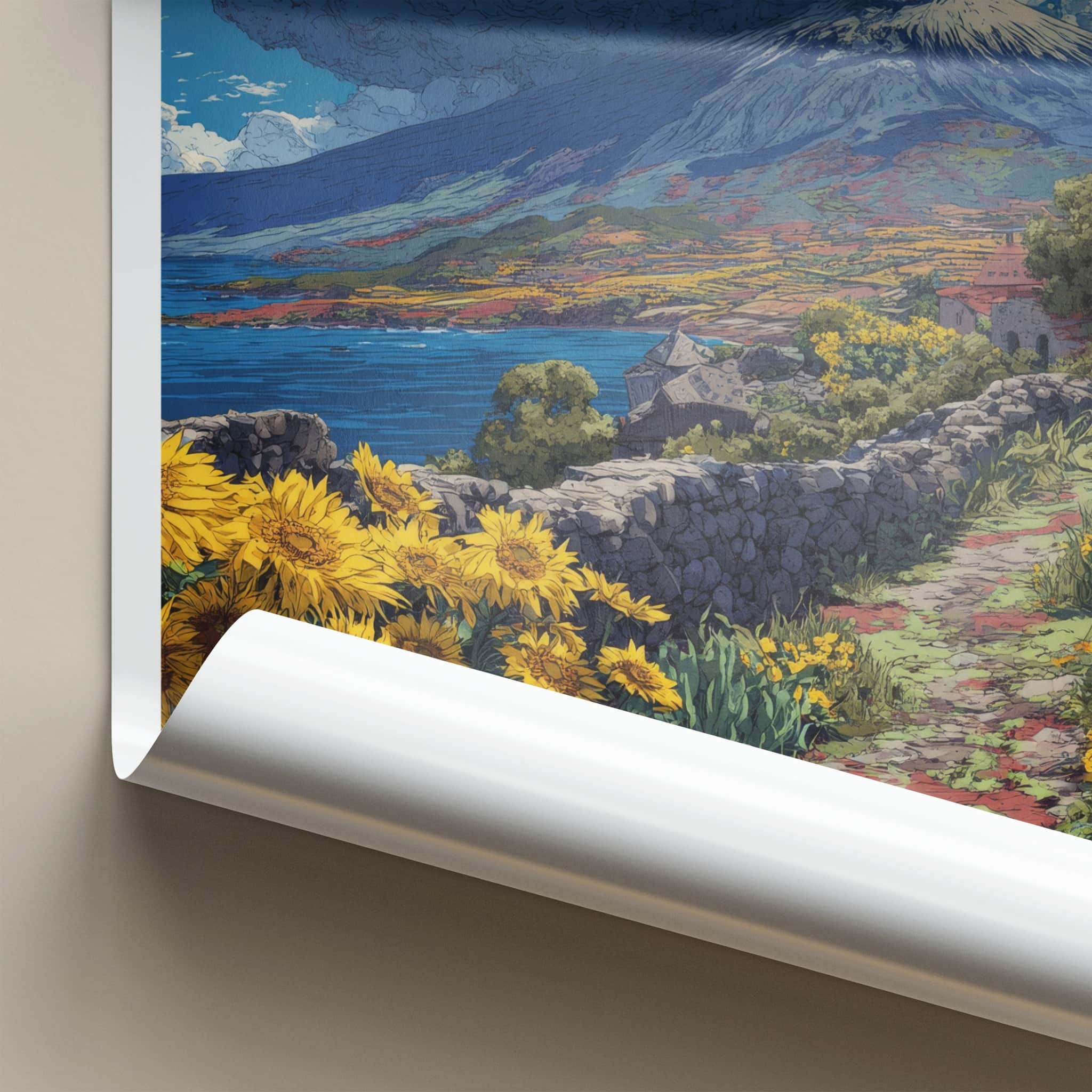 Mount Etna Poster - Italy Travel Print - Sunflowers Stone Path Home Decor