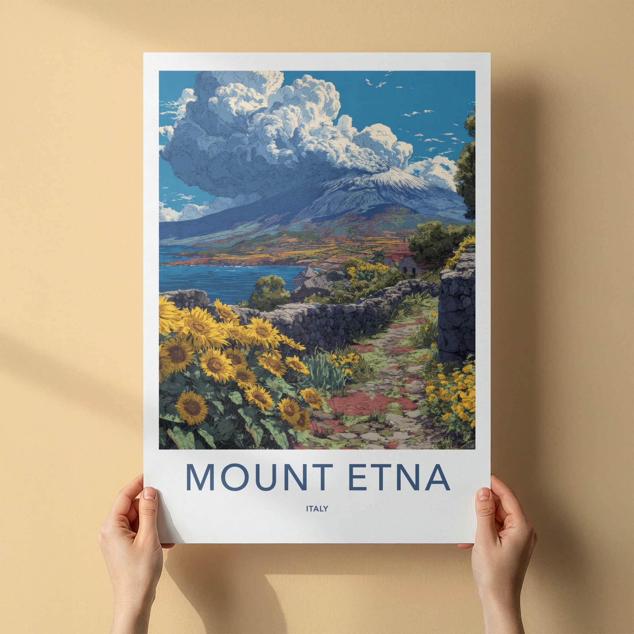Mount Etna Poster - Italy Travel Print - Sunflowers Stone Path Home Decor