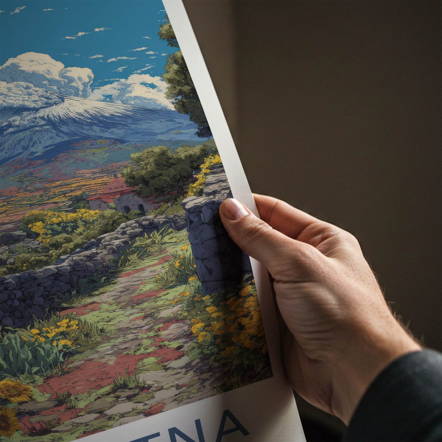 Mount Etna Poster - Italy Travel Print - Sunflowers Stone Path Home Decor
