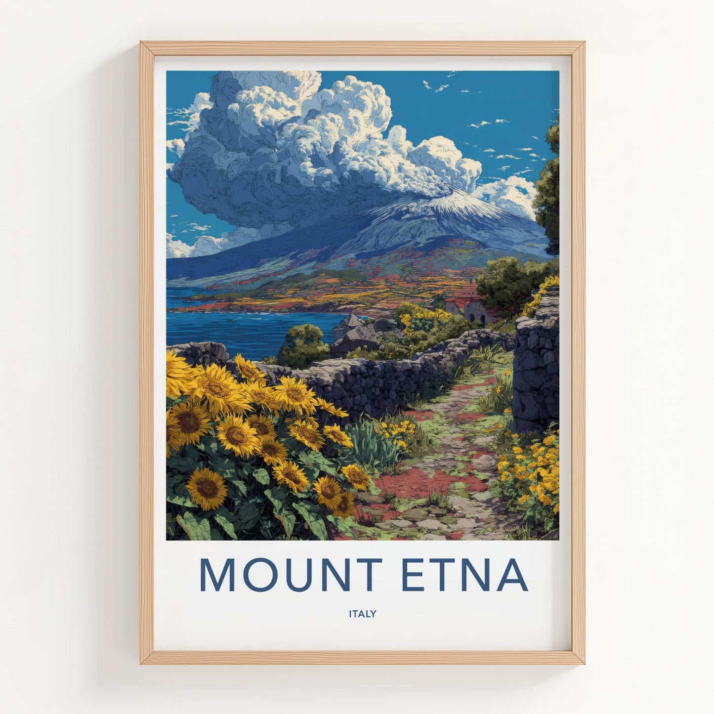 Mount Etna Poster - Italy Travel Print - Sunflowers Stone Path Home Decor