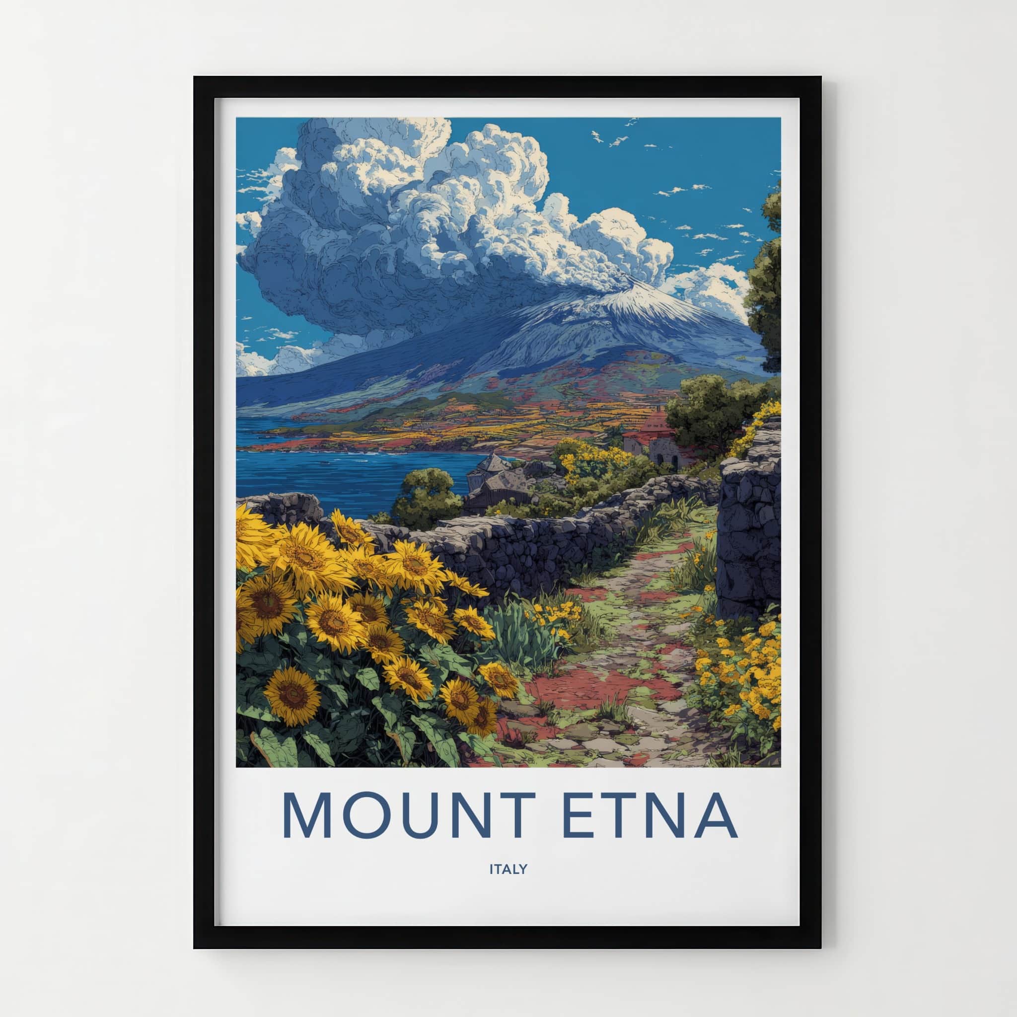 Mount Etna Poster - Italy Travel Print - Sunflowers Stone Path Home Decor