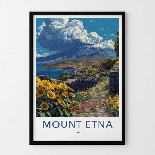 Mount Etna Poster - Italy Travel Print - Sunflowers Stone Path Home Decor