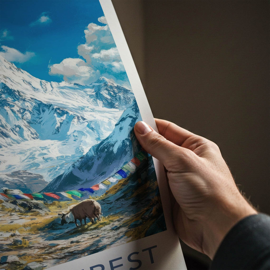 Mount Everest Poster - Nepal Travel Art - Himalayan Stupa Yak Wall Decor