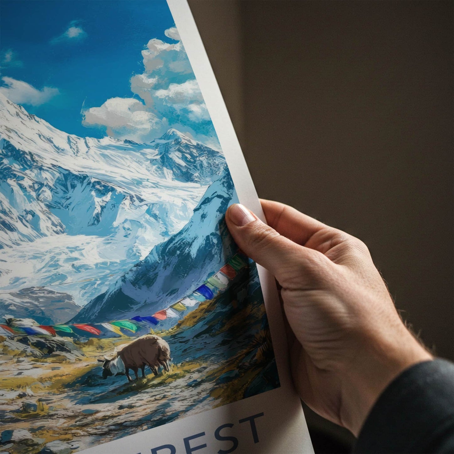 Mount Everest Poster - Nepal Travel Art - Himalayan Stupa Yak Wall Decor
