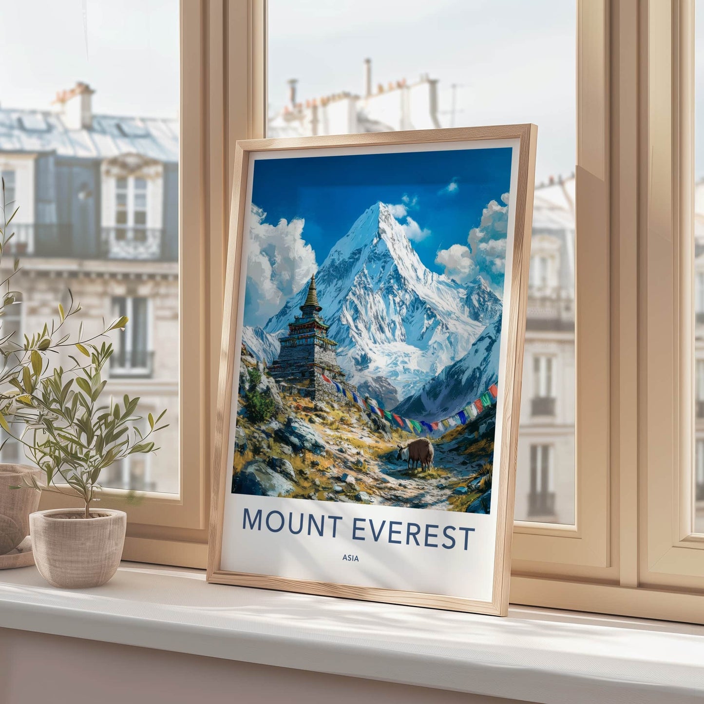 Mount Everest Poster - Nepal Travel Art - Himalayan Stupa Yak Wall Decor
