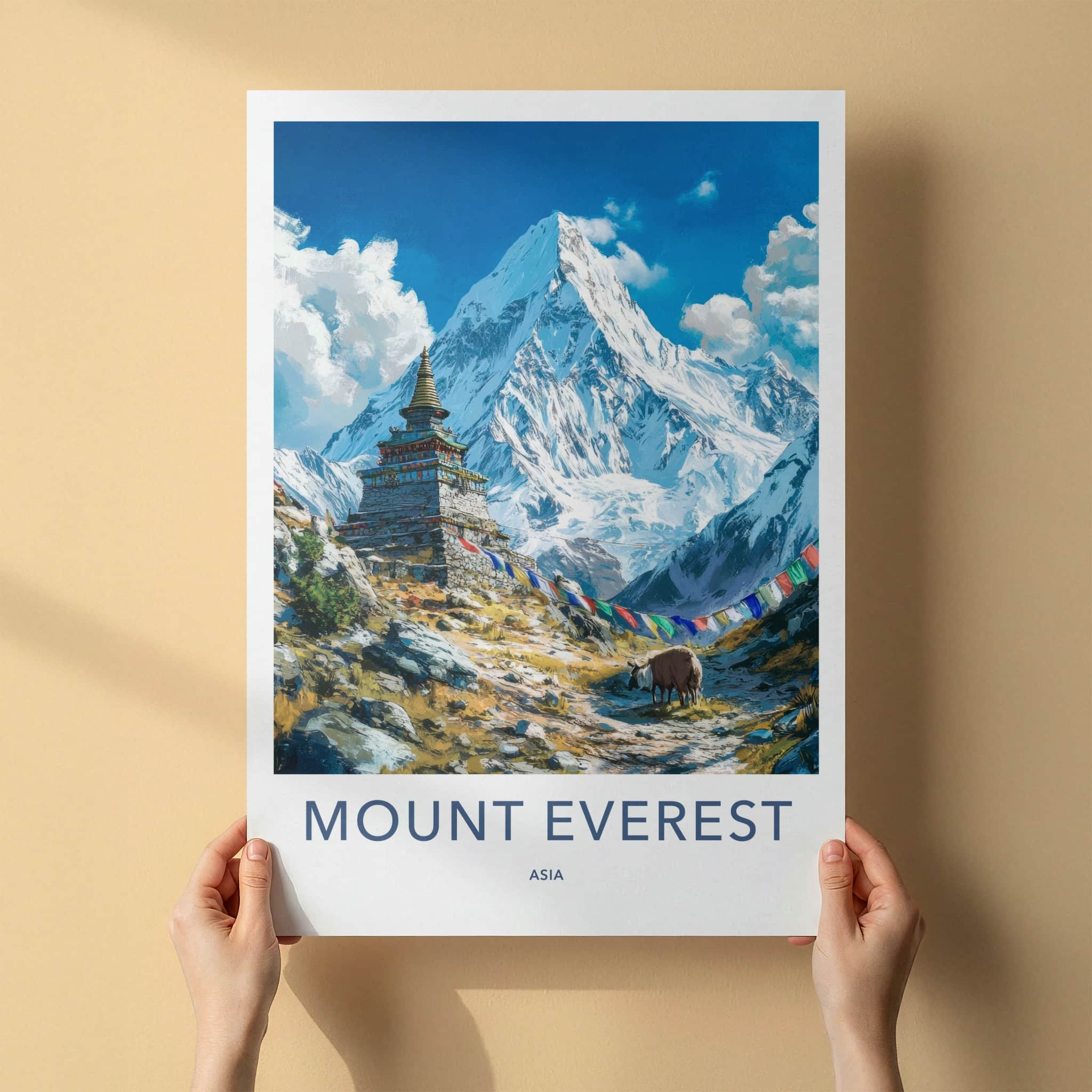 Mount Everest Poster - Nepal Travel Art - Himalayan Stupa Yak Wall Decor