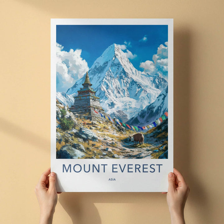 Mount Everest Poster - Nepal Travel Art - Himalayan Stupa Yak Wall Decor