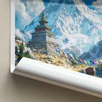 Mount Everest Poster - Nepal Travel Art - Himalayan Stupa Yak Wall Decor