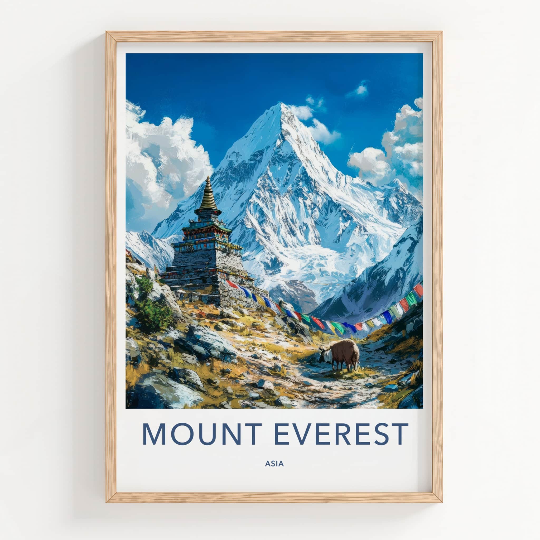 Mount Everest Poster - Nepal Travel Art - Himalayan Stupa Yak Wall Decor