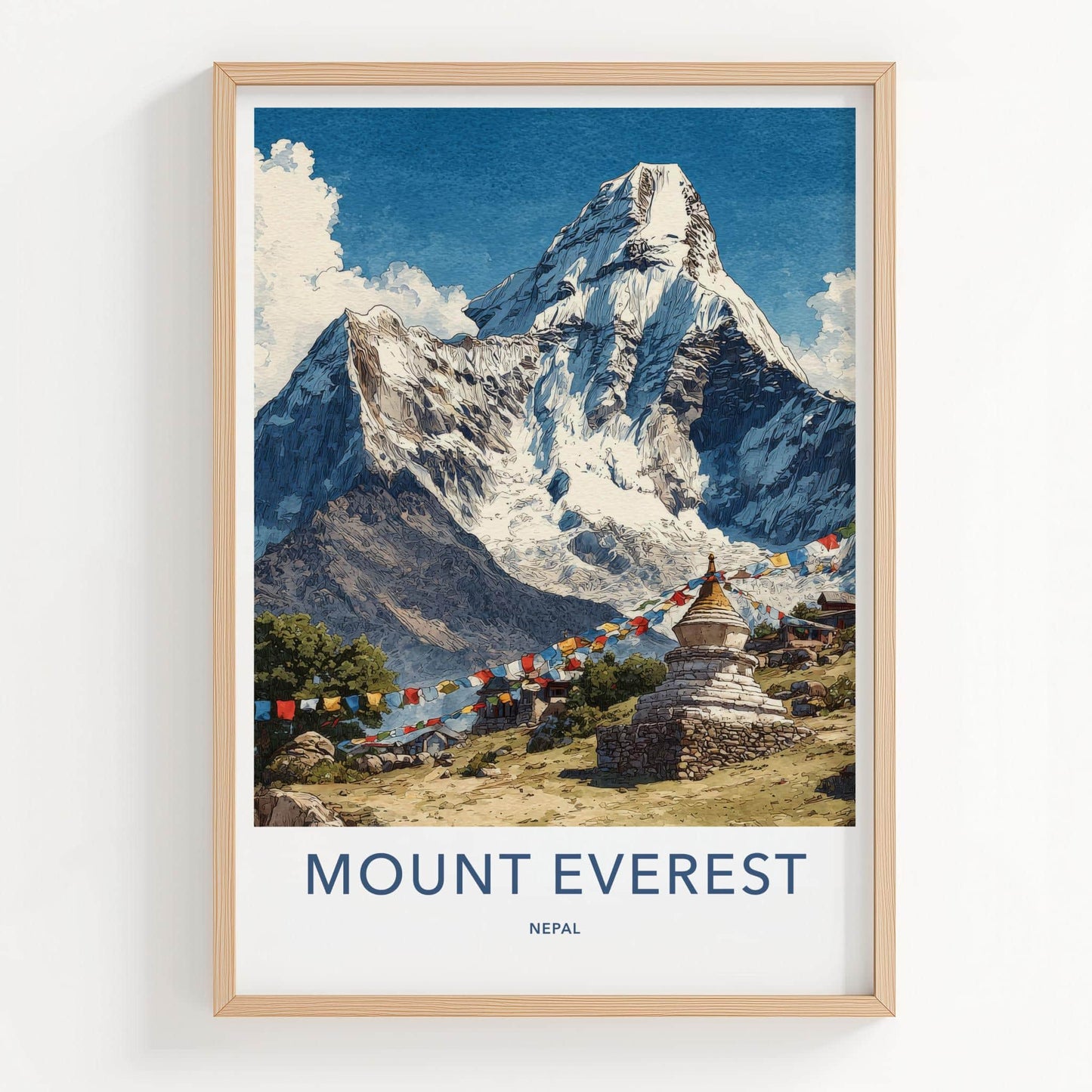 Mount Everest Poster - Nepal Travel Art - Stupa Prayer Flags Home Decor