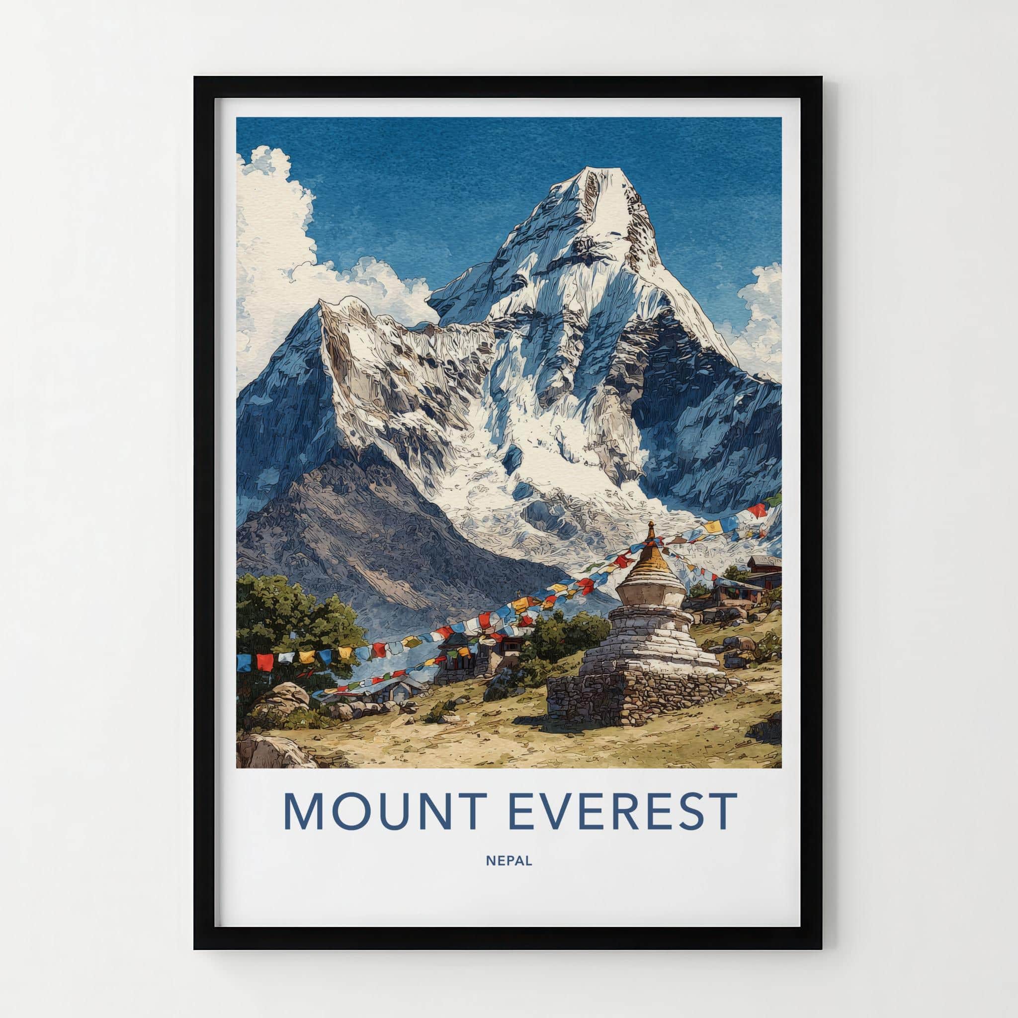 Mount Everest Poster - Nepal Travel Art - Stupa Prayer Flags Home Decor