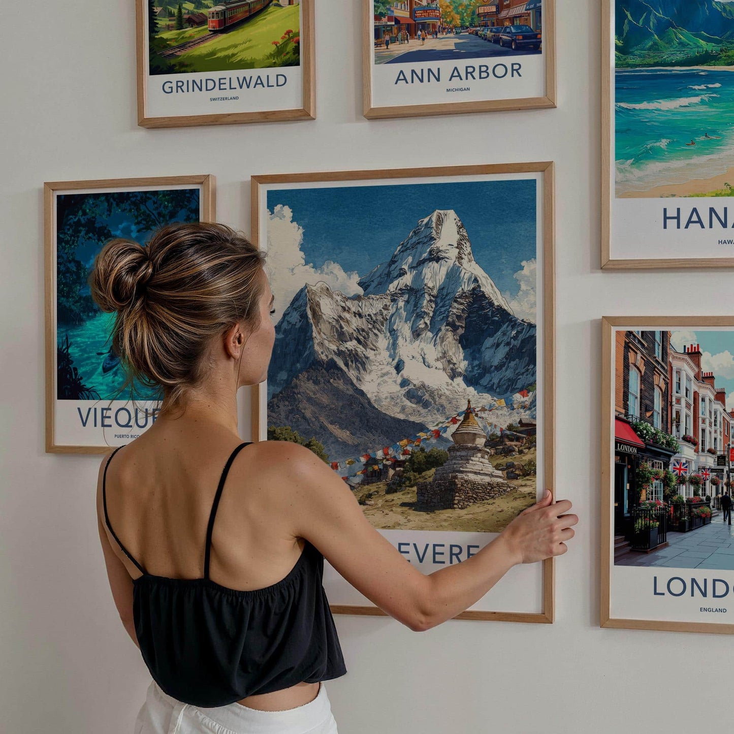 Mount Everest Poster - Nepal Travel Art - Stupa Prayer Flags Home Decor