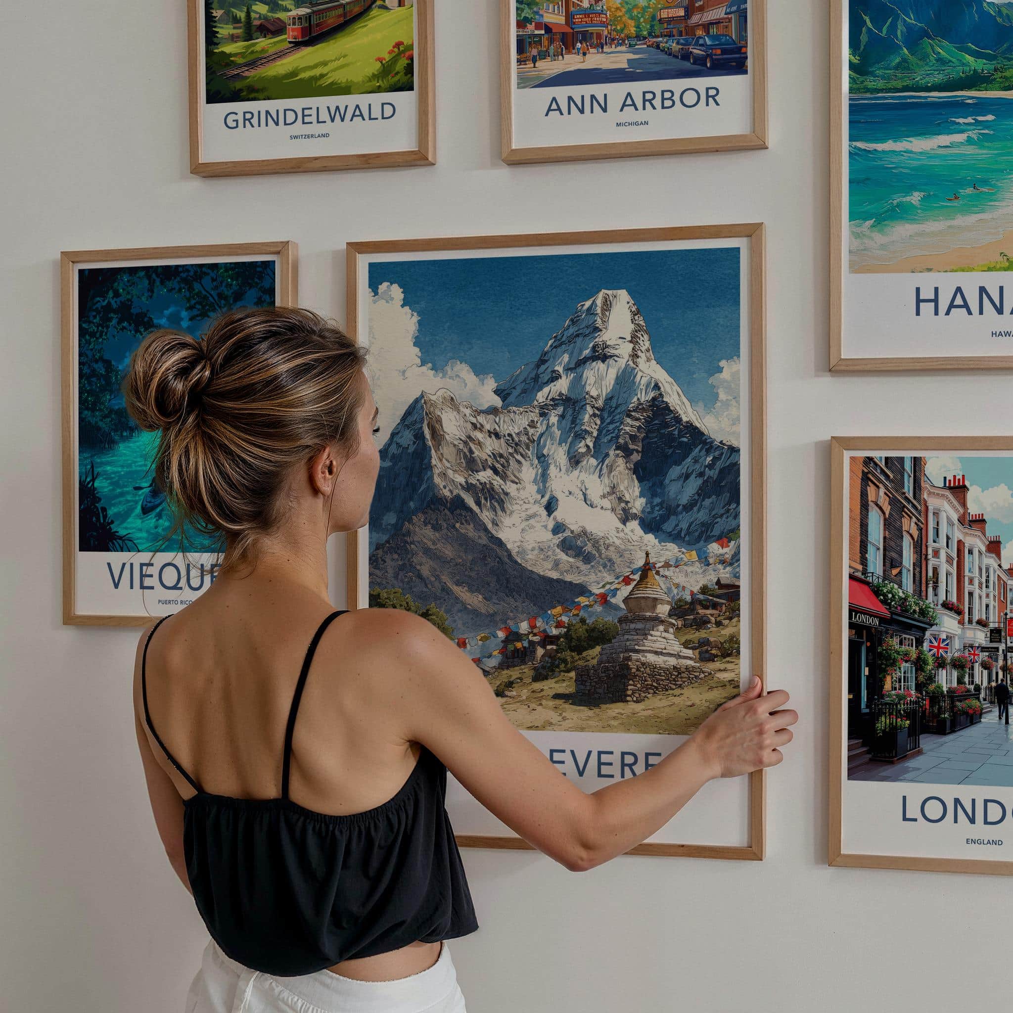 Mount Everest Poster - Nepal Travel Art - Stupa Prayer Flags Home Decor