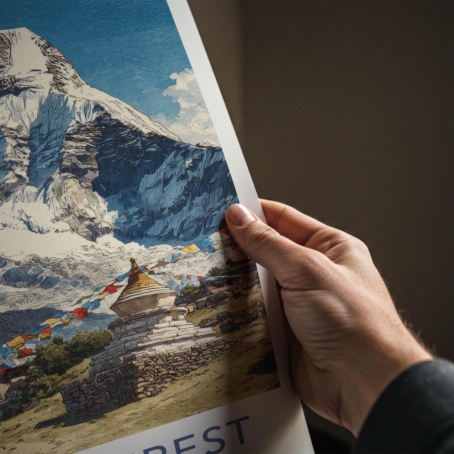 Mount Everest Poster - Nepal Travel Art - Stupa Prayer Flags Home Decor