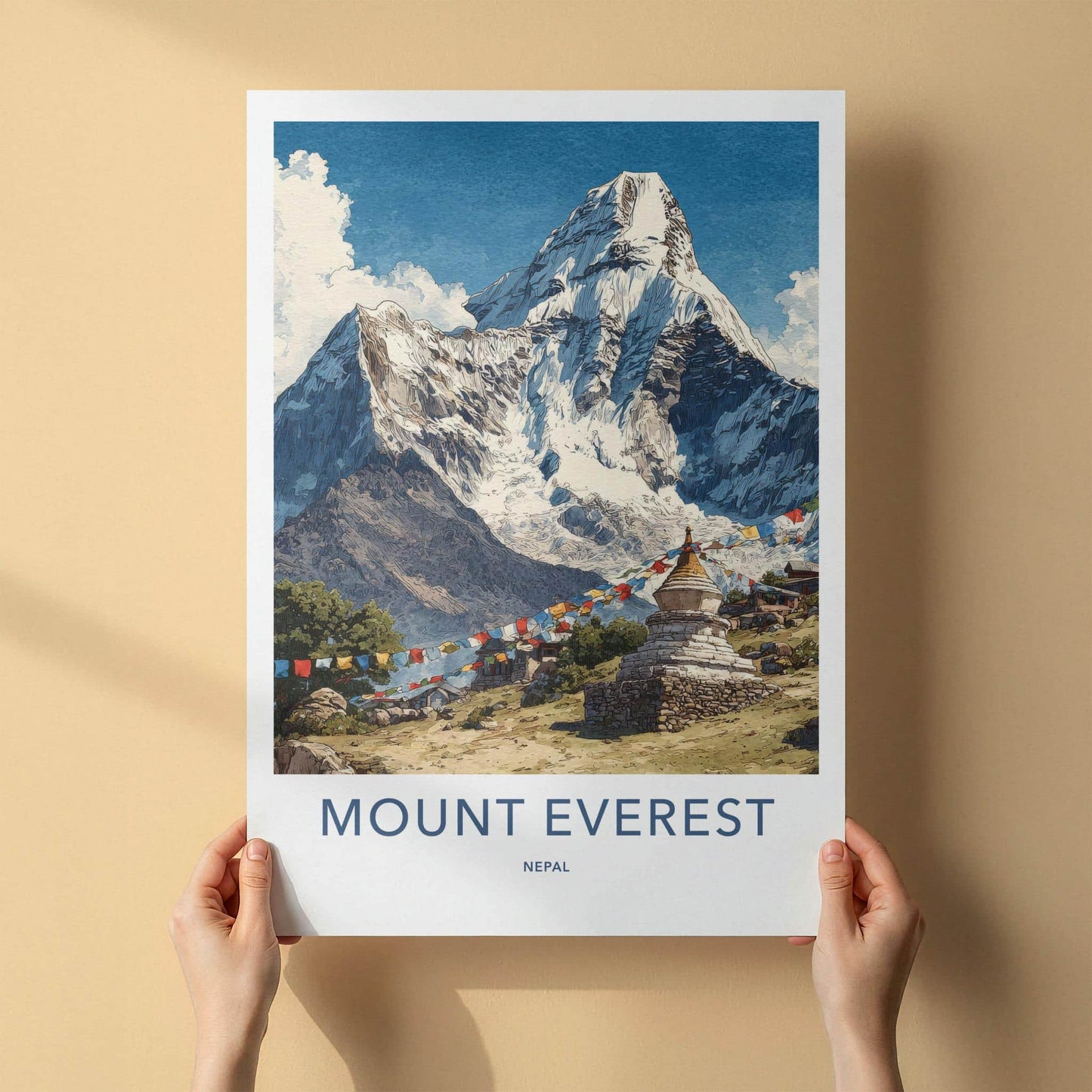 Mount Everest Poster - Nepal Travel Art - Stupa Prayer Flags Home Decor